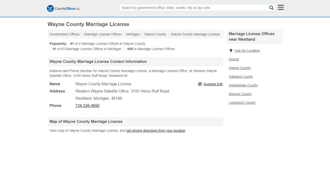 Wayne County Marriage License - Westland, MI (Address and Phone)